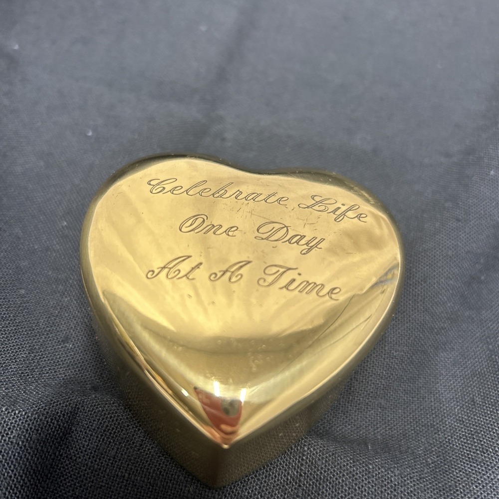 Vintage Brass Heart Trinket Box Engraved Celebrate Life One Day At A Time 2 3/4